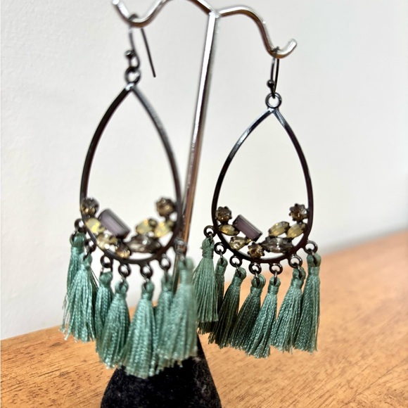 Anthropologie Teardrop Earrings with Gems and Green Tassels - Picture 3 of 4